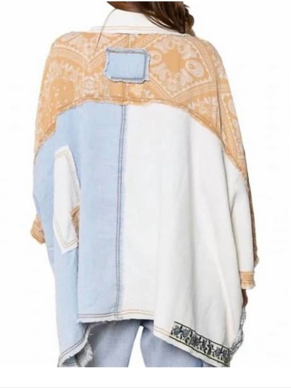 POL Button Down Denim Chambray Waffle Knit Flower Patchwork 100% Cotton Shacket - Picture 2 of 11